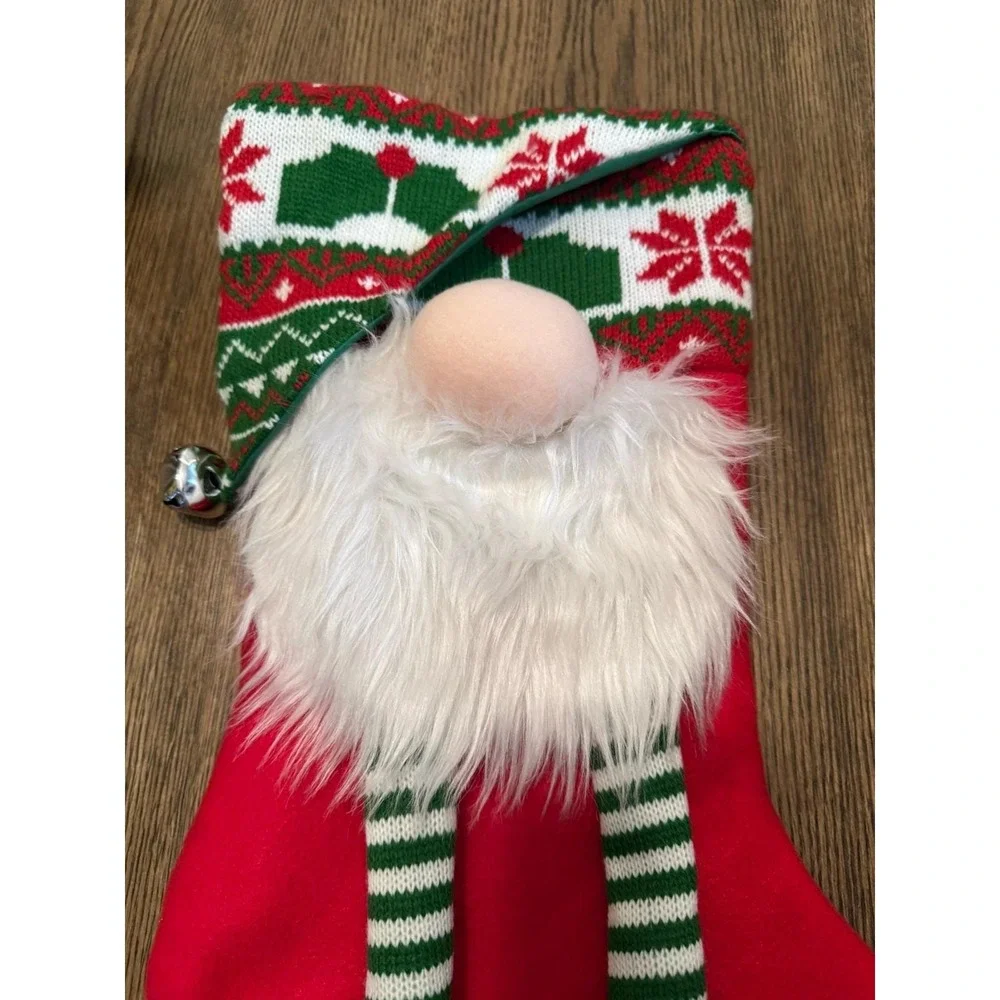 3D Gnome Christmas Stocking Long Dangling Legs Bell Accent and Beard Full Size - Picture 2 of 5